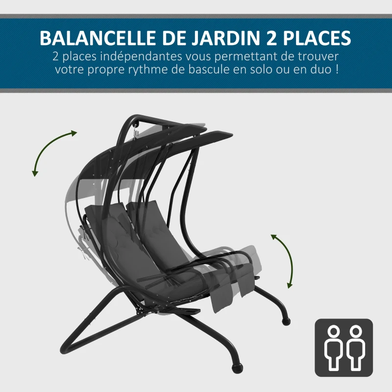 Outsunny Balancelle de Jardin 2 Places indépendantes 2 tablettes Supports Coussins Assise Dossier Grand Confort