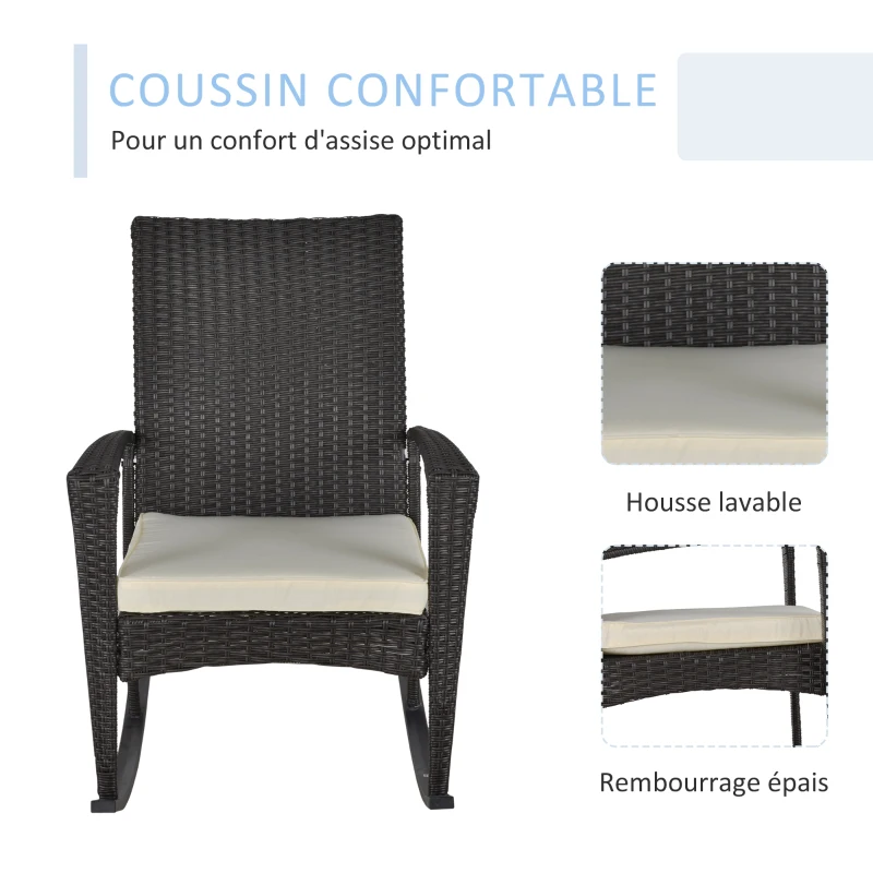Outsunny Fauteuil à bascule rocking chair avec coussin d'assise déhoussable 66L x 88l x 98H cm résine tressée imitation rotin chocolat