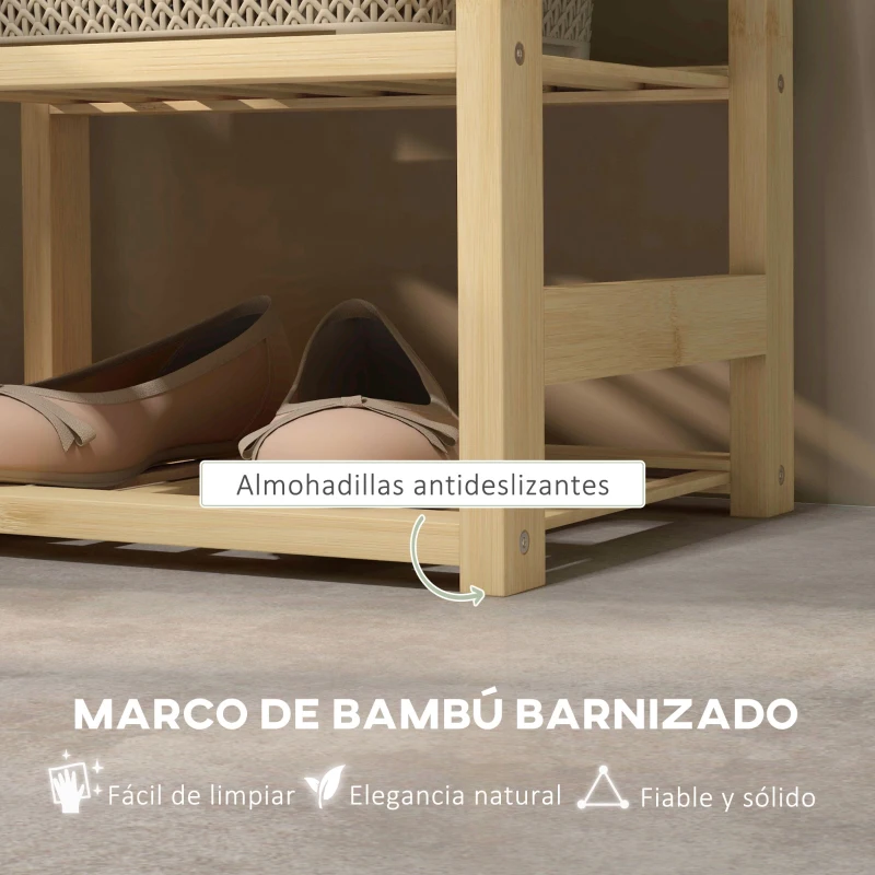 HOMCOM Mueble Zapatero con Asiento Cesta Extraíble y Estantes Abiertos para 4 Pares de Zapatos 69x30x45 cm Natural