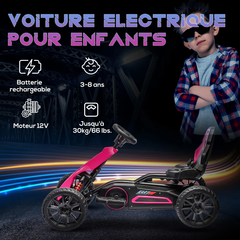 HOMCOM Kart électrique pour enfant 12V - Vitesse réglable 3-5km/h pour enfants de 3 à 8 ans - siège réglable - rose