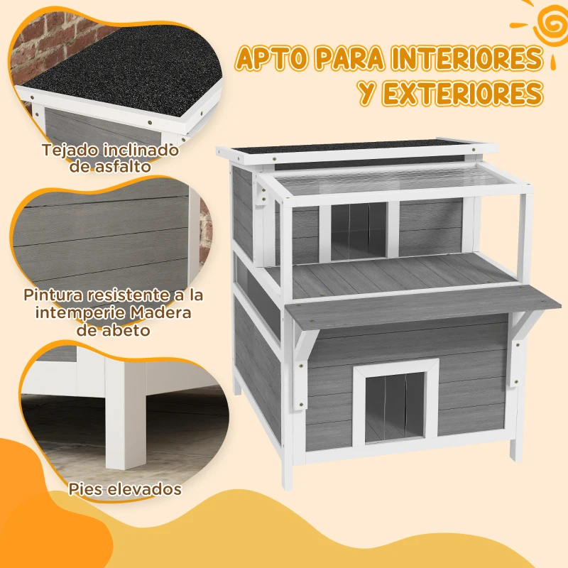 PawHut Caseta para Gatos de Madera de 2 Niveles con Techo Asfáltico Ventana y Puerta con Cortina 64x87x76 cm Gris Claro