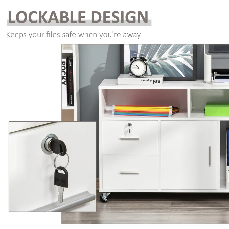 HOMCOM Mobile File Cabinet for Home Office, Lateral Filing Cabinet, Printer Stand with Open Shelves, Lockable Drawer,100cm x 35cm x 65cm, White