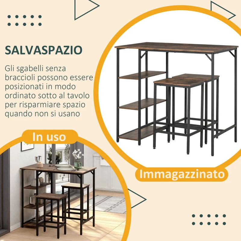 HOMCOM Set Tavolo Alto con 2 Sgabelli e Scaffale Stile Industriale in Metallo e Legno, Arredamento Moderno Bar e Cucina, Marrone Rustico