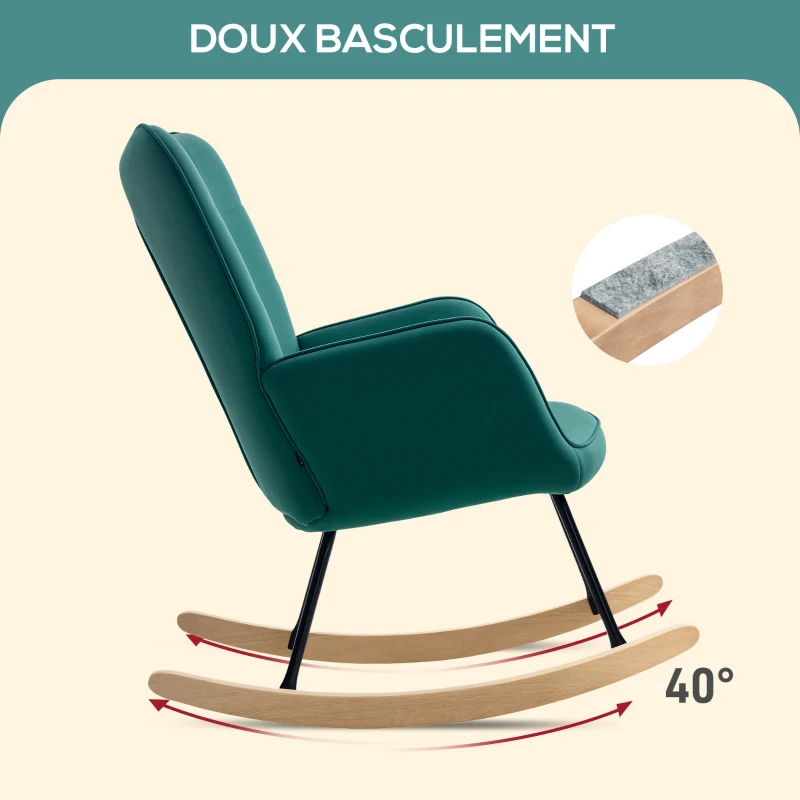 HOMCOM Fauteuil à bascule rocking chair revêtement en velous structure en acier 71 x 98 x 101 cm Vert