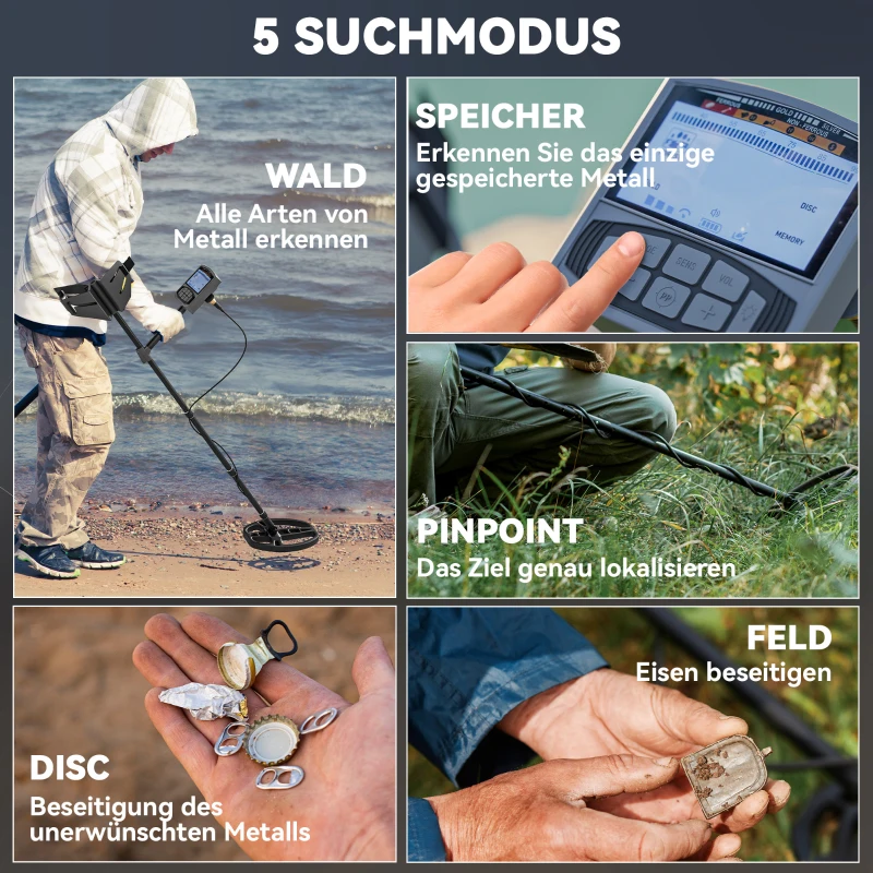 Outsunny Metaaldetector voor Volwassenen 5 Modi Draagbaar Detectieapparaat LCD-Display IP68 Waterbestendig Donkergrijs