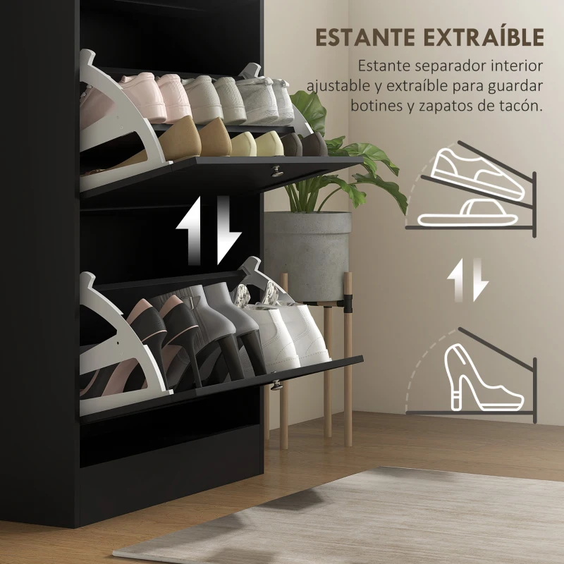 HOMCOM Mueble Zapatero Moderno con 3 Cajones Abatibles y Estantes Ajustables para 18 Pares de Zapatos 60x23,5x115 cm Negro