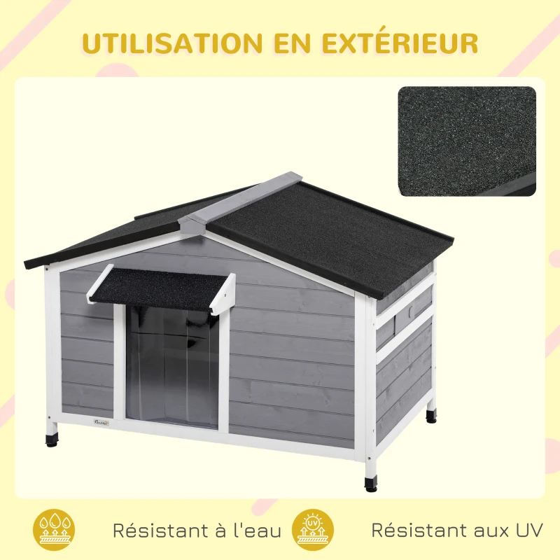 PawHut Niche chien style cottage - 2 fenêtres, porte, toit ouvrant bitumé - dim. 109 x 79 x 72 cm - bois sapin gris