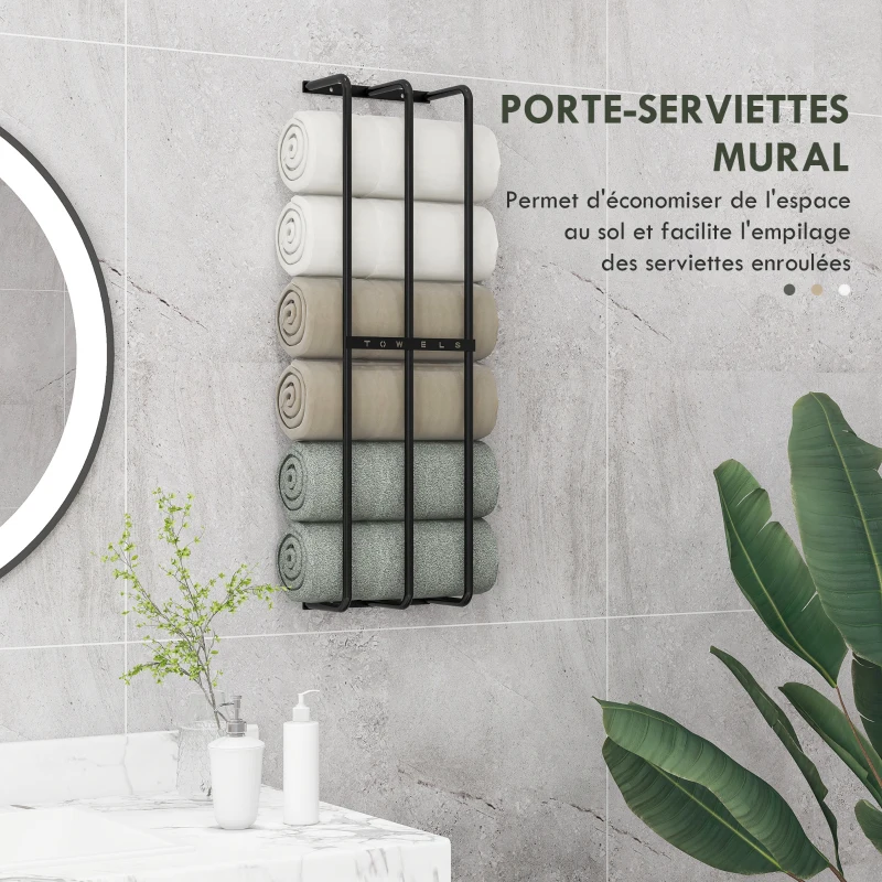 HOMCOM Porte serviettes mural 3 barres en métal noir - peut contenir jusqu'à 6 serviettes, dim. 21l x 12P x 74H cm