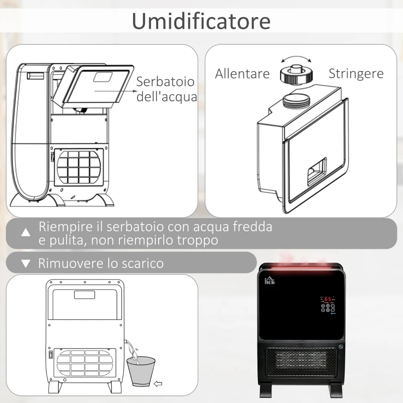 HOMCOM Stufa Elettrica 2in1 con Umidificatore, Luce LED 3 Colori, Timer e Telecomando, 33x21x49.5 cm, Nero