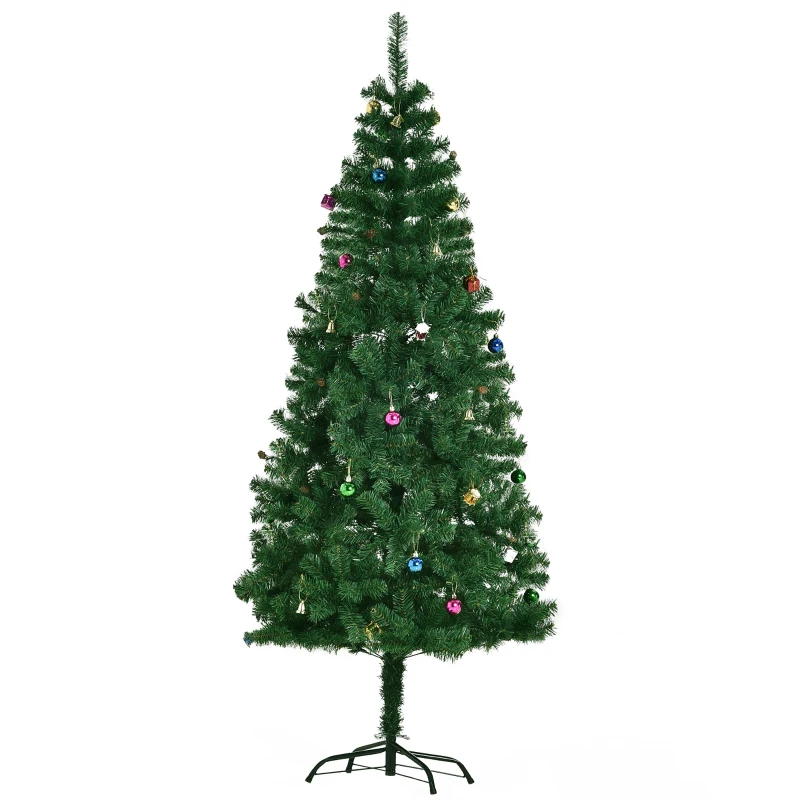 HOMCOM 180cm Albero di Natale Artificiale con 624 Rami in PVC Ignifughi, Albero di Natale Realistico con Decorazioni e Rami Folti, Verde