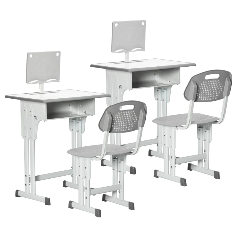 HOMCOM Bureau et chaise pour enfant lot de 2 avec support de lecture casier crochet et porte stylo 60 x 45x 90-102 cm gris