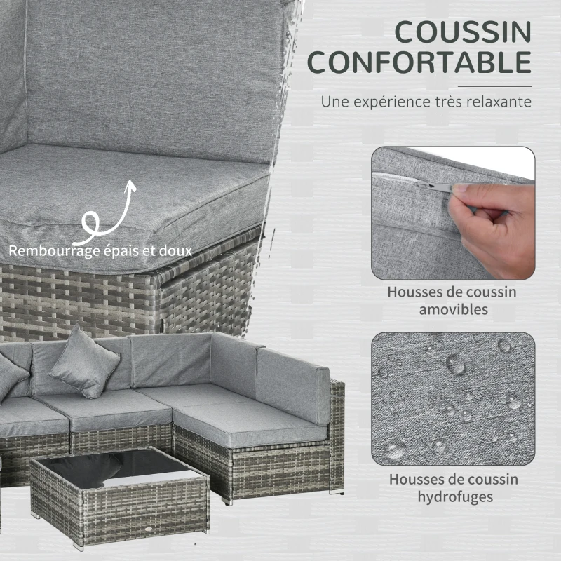 Outsunny Ensemble salon de jardin 7 pièces modulables table basse plateau verre trempé coussins déhoussables inclus gris