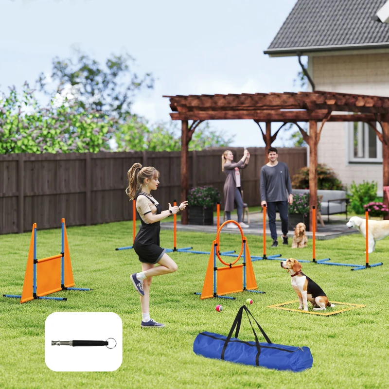 PawHut 6-Piece Dog Agility Equipment Set with Weave Poles, Jump Ring, Hurdle, Pause Box, Bag, Orange