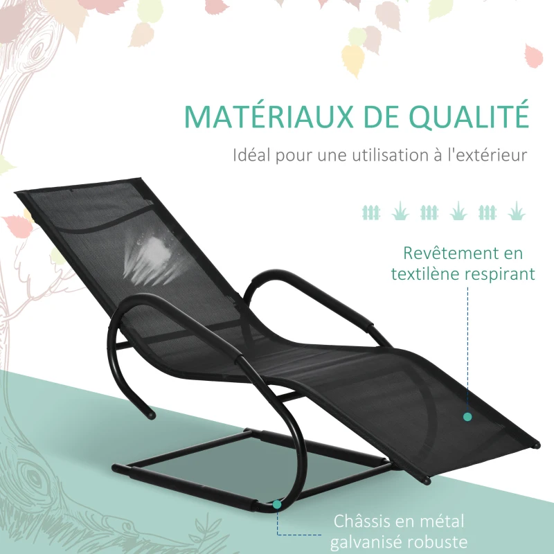 Outsunny Chaise longue transat bain de soleil design contemporain grand confort revêtement textilène métal galvanisé dim. 160L x 59,5l x 83H cm noir