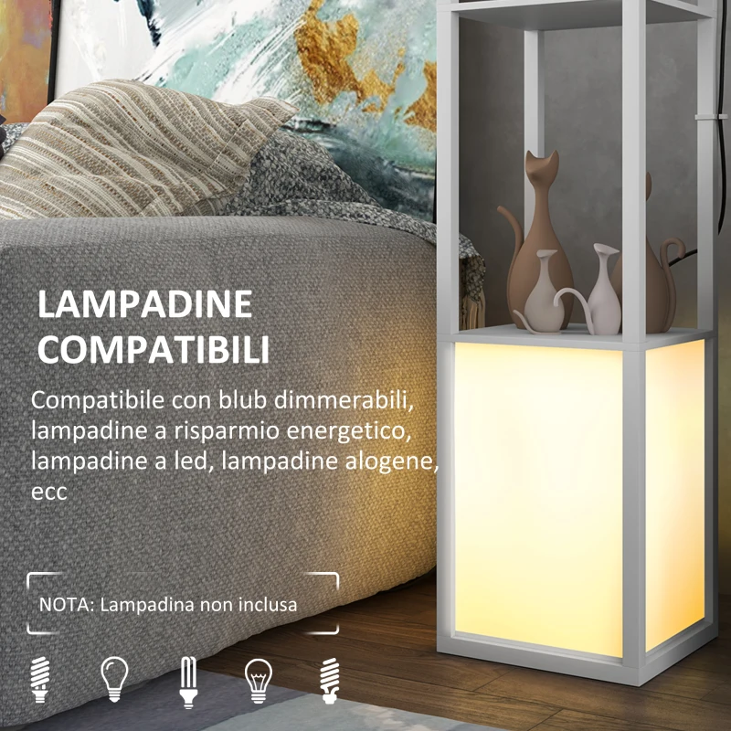HOMCOM Lampada da Terra Moderna con 2 Paralumi e 2 Ripiani per Lampadine E27 Max. 40W, 26x26x156 cm, Bianco