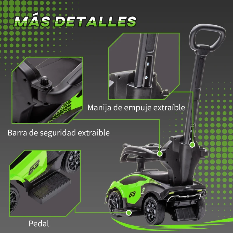 AIYAPLAY 2 en 1 Coche Correpasillos para Niños 12-36 Meses Lamborghini Essenza SCV12 Andador Empujador con Bocina Mango de Empuje y Barandilla Extraíbles 86,5x40x89,5 cm Verde y Negro