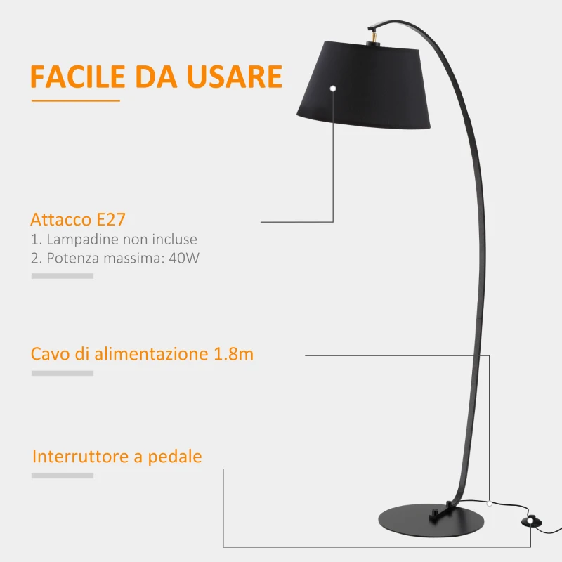 HOMCOM Lampada da Terra ad Arco con Paralume in Tessuto e Piantana Rotonda, 100x43x177cm, Nero