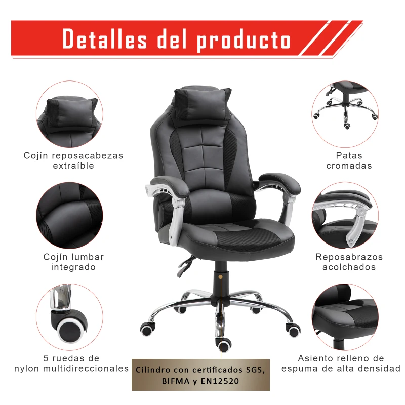 HOMCOM Gaming Silla Reclinable de Ergonómico hasta 130°con Reposacabezas Cojín Grosor 10cm Cuero Carga 120kg 67x69x118-127cm