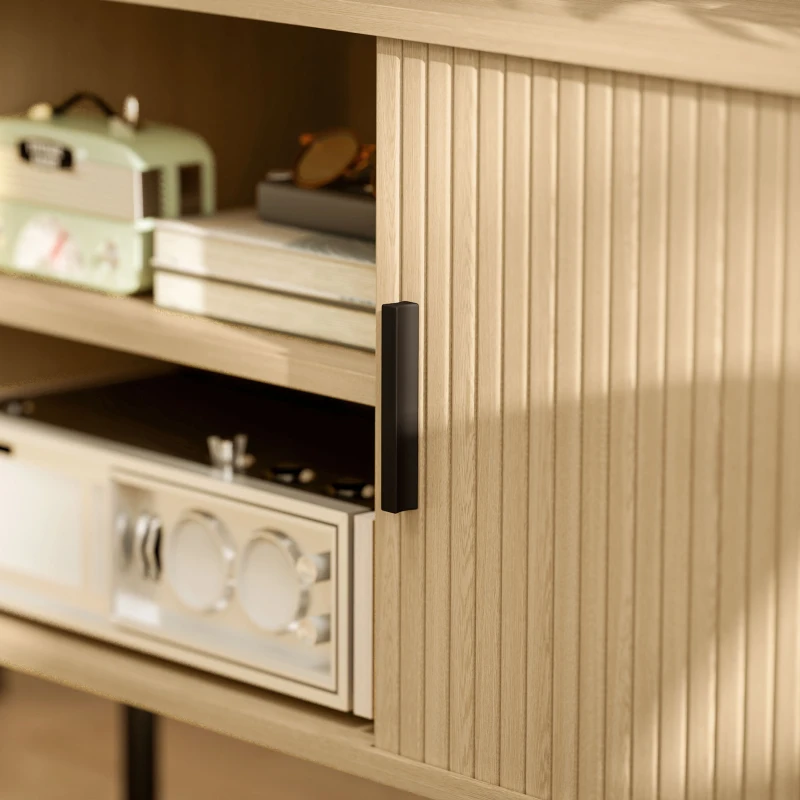 HOMCOM Meuble TV avec 2 portes tambour à lamelles design scandinave pour télévision jusqu'à 55 pouces 120 cm ton chêne