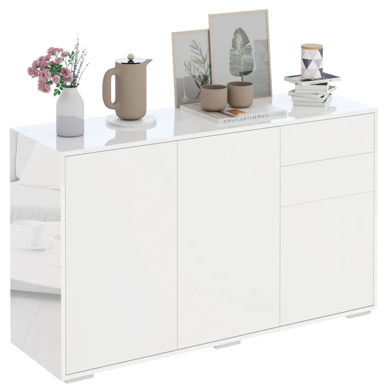 HOMCOM High Gloss Side Cabinet, Push-Open Design with 2 Drawers and 2 Cabinets for Living Room, 74H x 117W x 36Dcm, White