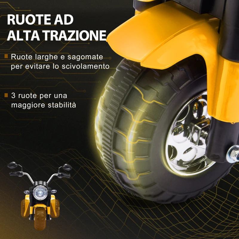 HOMCOM Moto Elettrica per Bambini a 3 Ruote con Luci e Suoni, Batteria Ricaricabile 6V, Velocità 2 km/h, per Bimbi da 18-36 Mesi, 72cmx57cmx56cm Gialla