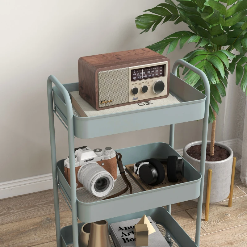 HOMCOM Desserte chariot de rangement en acier chariot de service à roulettes 3 plateaux ajourés 45 x 30,6 x 79 cm bleu clair