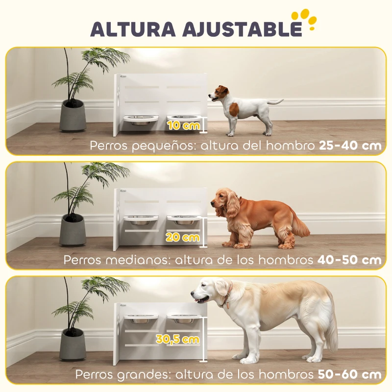 PawHut Comedero Elevado Doble para Perros con Altura Ajustable y Sistema de Alimentación Lenta 63x58,5x40 cm Blanco