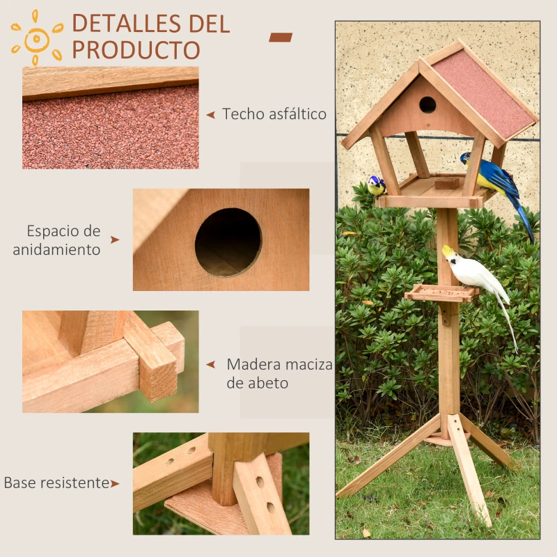 PawHut Comedero para Pájaros de Pie de Madera Maciza 49x45x139 cm con Techo Asfáltico Alimentador de Aves Silvestres para Exterior Jardín Natural