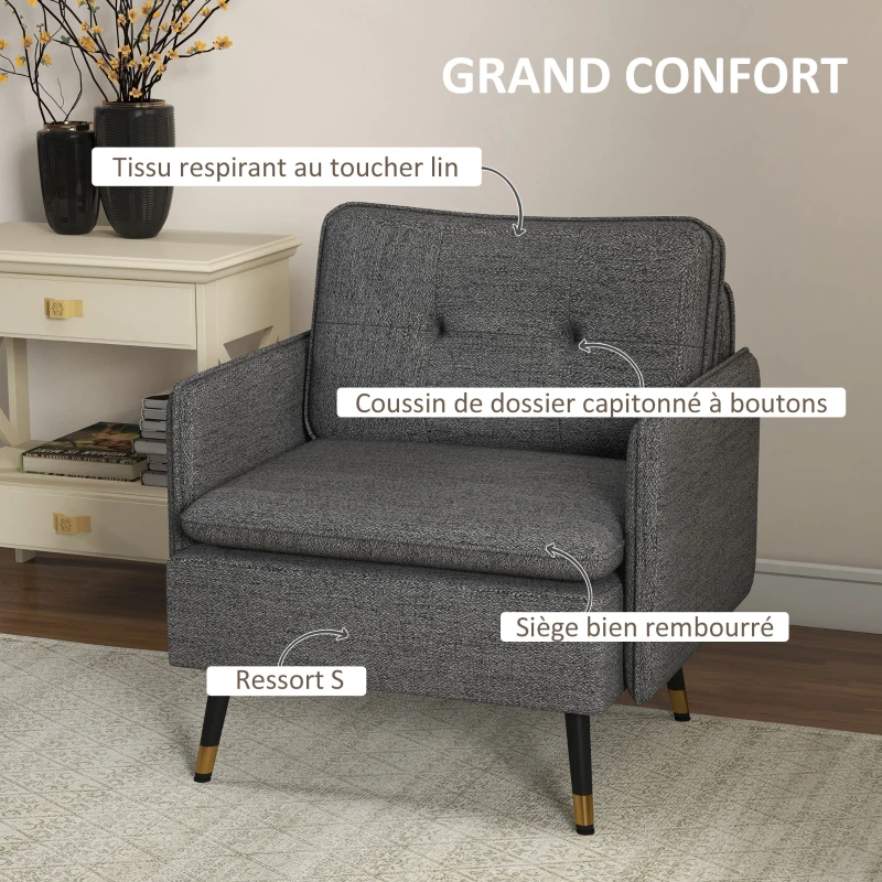 HOMCOM Fauteuil scandinave dossier capitonné avec passepoil en tissu 76 x 68 x 80 cm gris et pieds en métal noir et doré