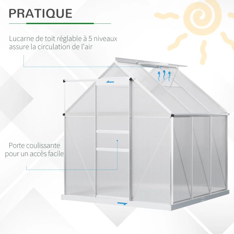 Outsunny Serre de Jardin en Polycarbonate 3,6 m² dim. 1,9L x 1,9l x 2H m avec Fondation, Lucarne réglable, Porte coulissante - Argent et Transparent