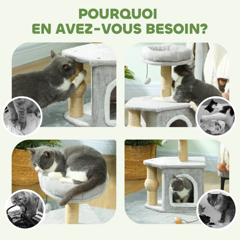 PawHut Arbre à chat tour de jeux pour chats, avec poteaux à griffer lit pour chat maison pour chat 42 x 30 x 66 cm gris clair