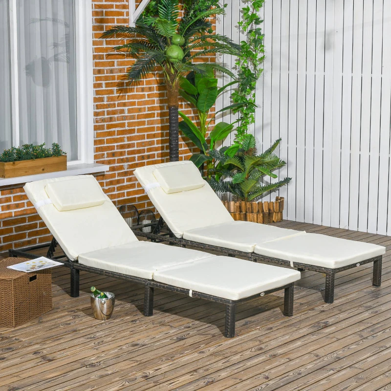 Outsunny Set of Two Reclining Rattan Sun Loungers, with Cushions - Brown/Cream