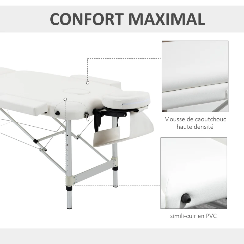 HOMCOM Table de massage 3 zones pliante cosmétique portable charge max. 225 Kg hauteur réglable cadre en alliage blanc