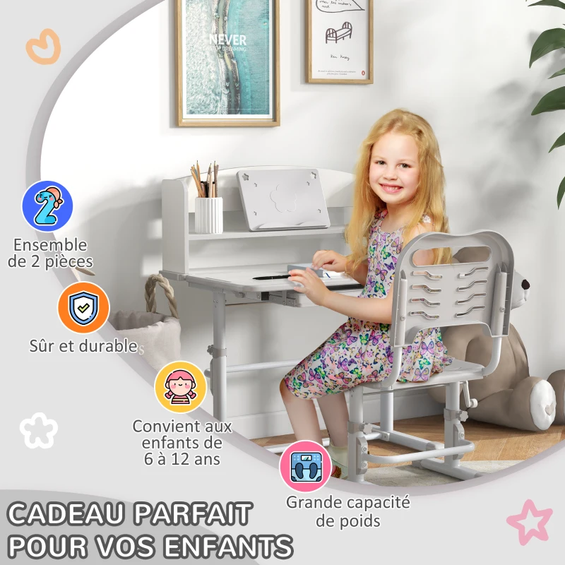 ZONEKIZ Bureau enfant avec chaise, hauteur réglable, étagère, tablette coulissante multi-rangement, gris blanc
