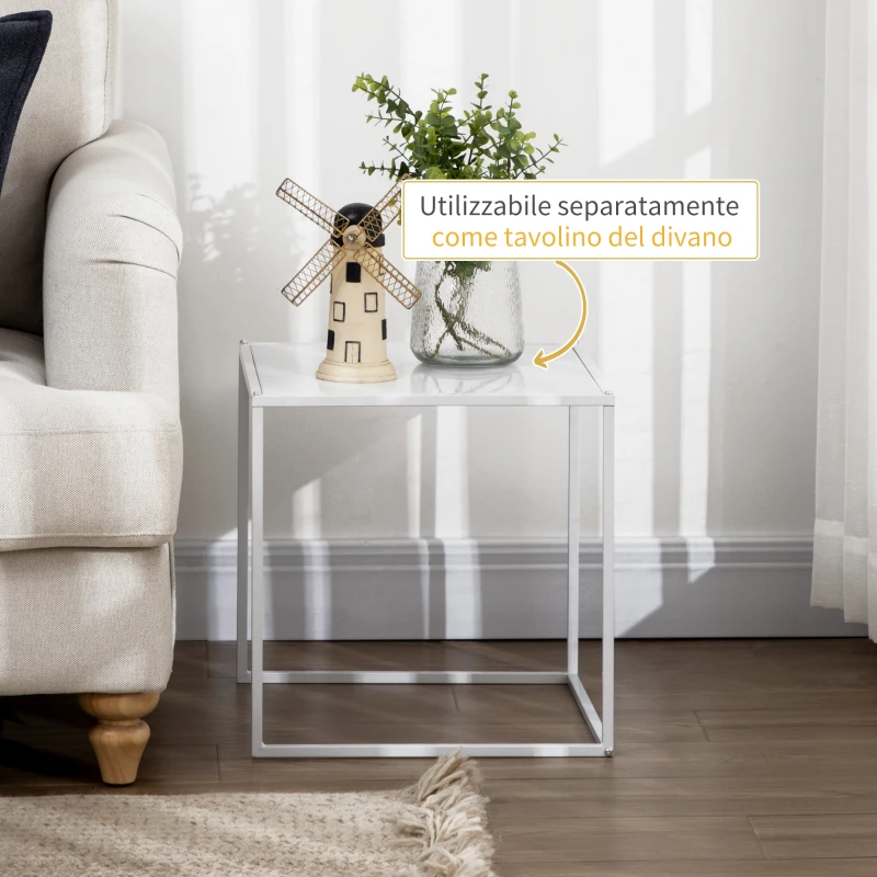 HOMCOM Set 2 Tavolini da Caffè Impilabili Quadrati in Acciaio, Bianco