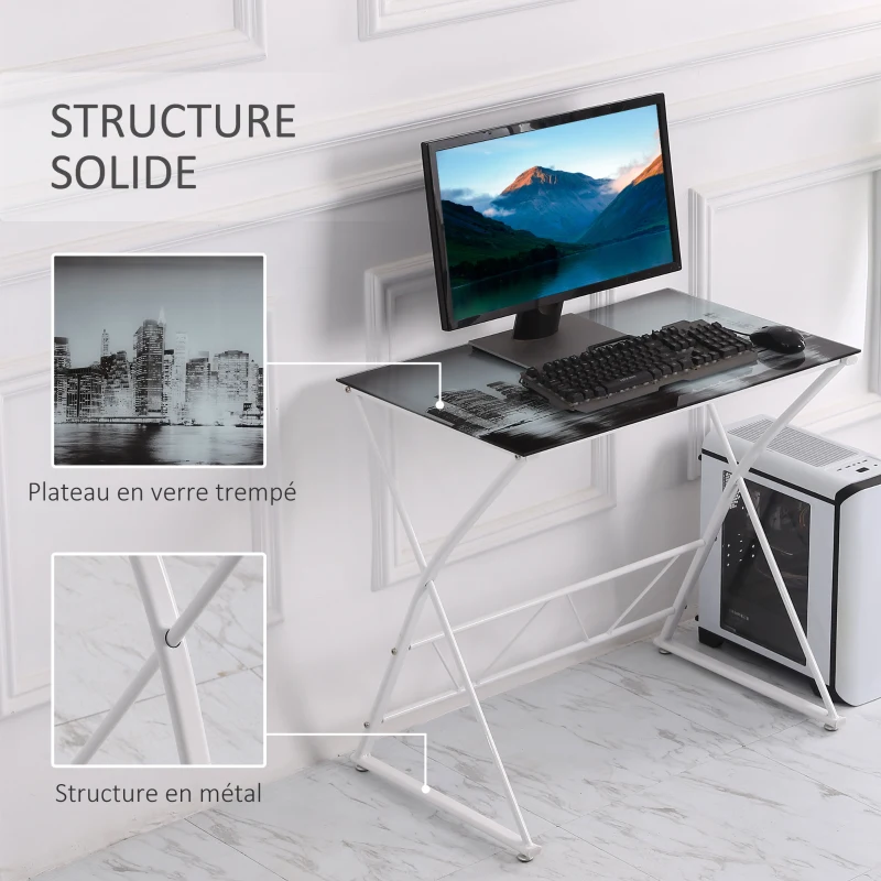 HOMCOM Bureau Informatique Design Contemporain Plateau Verre trempé décor New-York châssis métal Blanc
