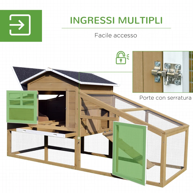 PawHut Pollaio per Galline Ovaiole da Esterno con Zona di Corsa, Pollaio per Galline da Esterno con Zona di Nidificazione e Vassoio Estraibile da Giardino in Legno, 200x80x105 cm