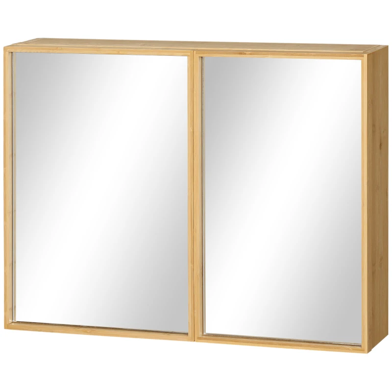 kleankin Armoire murale de salle de bain avec miroirs et 2 portes en bambou 65,2 x 14 x 50 cm