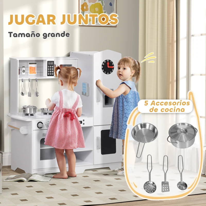 AIYAPLAY Cocina de Madera Infantil con Fogón Grifo Fregadero Microondas Reloj Máquina de Hielo y Accesorios de Cocina Blanco