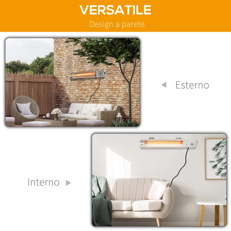Outsunny Stufa da Esterno Elettrica 1000W/2000W, Pannello Riscaldante a Parete con Telecomando, in Alluminio, 67.5x10.5x7cm