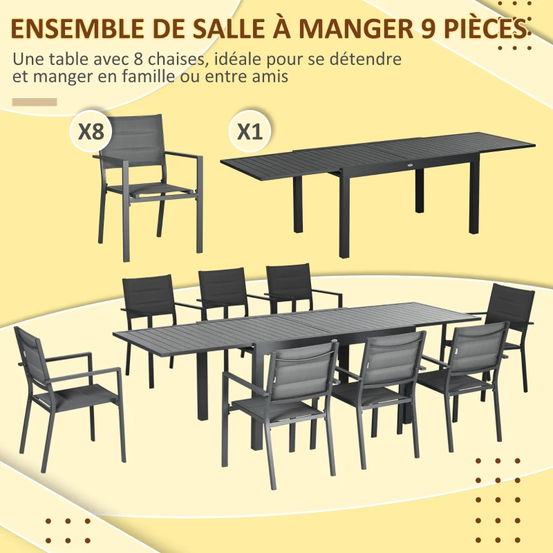 Outsunny Salon de jardin table extensible 135-270 cm en aluminium et textilène 6/10 personnes 8 chaises empilables gris