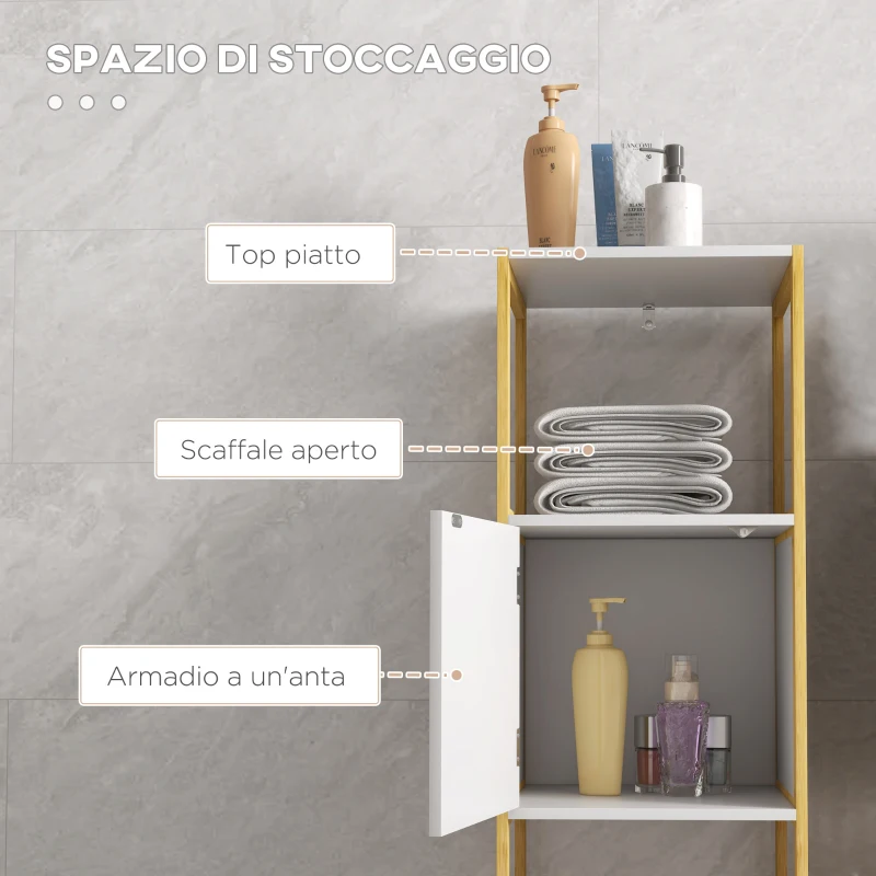 HOMCOM Mobile Bagno con Ripiano Aperto e Anta con Apertura a Pressione in Bambù e MDF, 33x33x80cm, Bianco