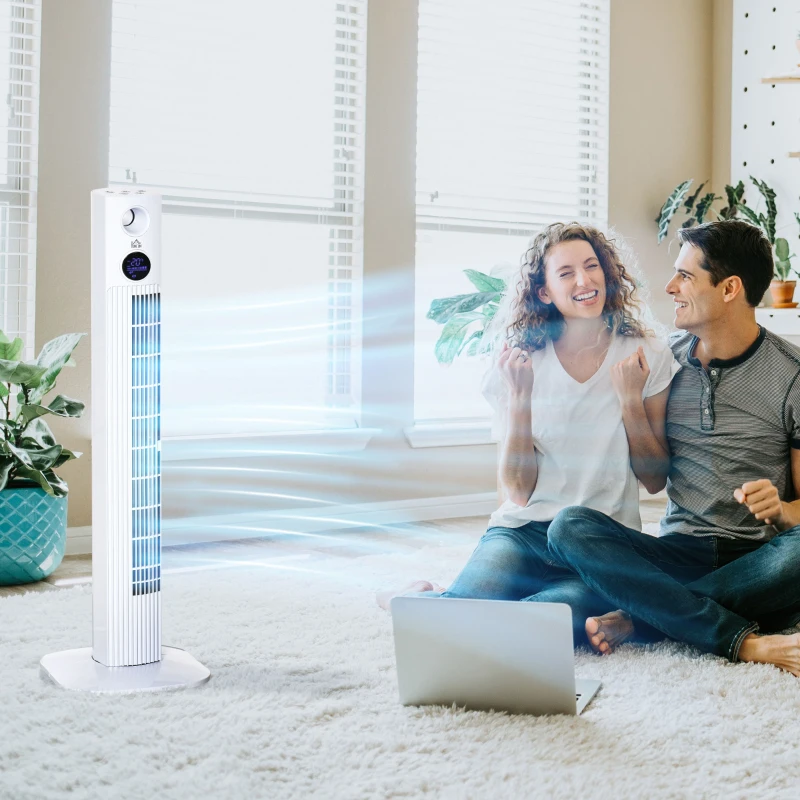 HOMCOM Ventilador de Torre Bajo Consumo 45W Silencioso con Caja de Aromas y Mando a Distancia 3 Velocidades 3 Modos Oscilación 70° Pantalla LED Táctil Temporizador 12h 31,5x31,5x96 cm Blanco