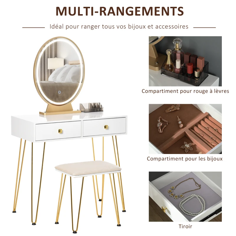 HOMCOM Coiffeuse Table de maquillage moderne - Miroir LED réglable intégré - Tabouret Inclus - pied en métal doré - 2 tiroirs + 1 Organisateur Blanc