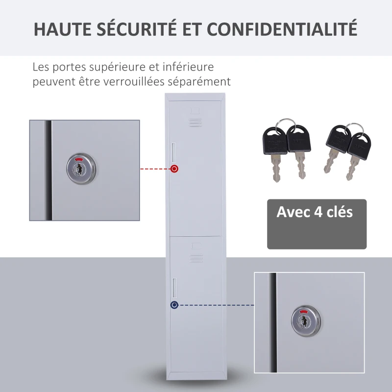 Vinsetto Armoire métallique à casiers avec 2 compartiments, verrouillable avec 2 clés, 4 étagères, 38 x 46 x 180 cm, gris