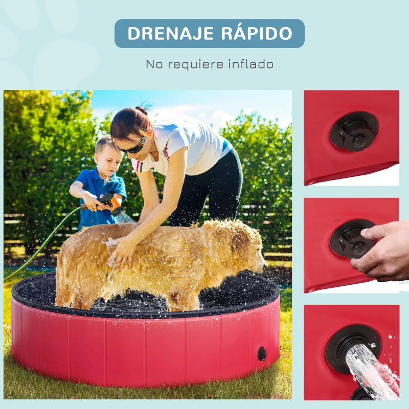 PawHut Piscina Plegable para Perros Gatos Ø120x30 cm Bañera Portátil para Mascotas PVC Antideslizante Múltiples Usos para Interiores y Exteriores Rojo