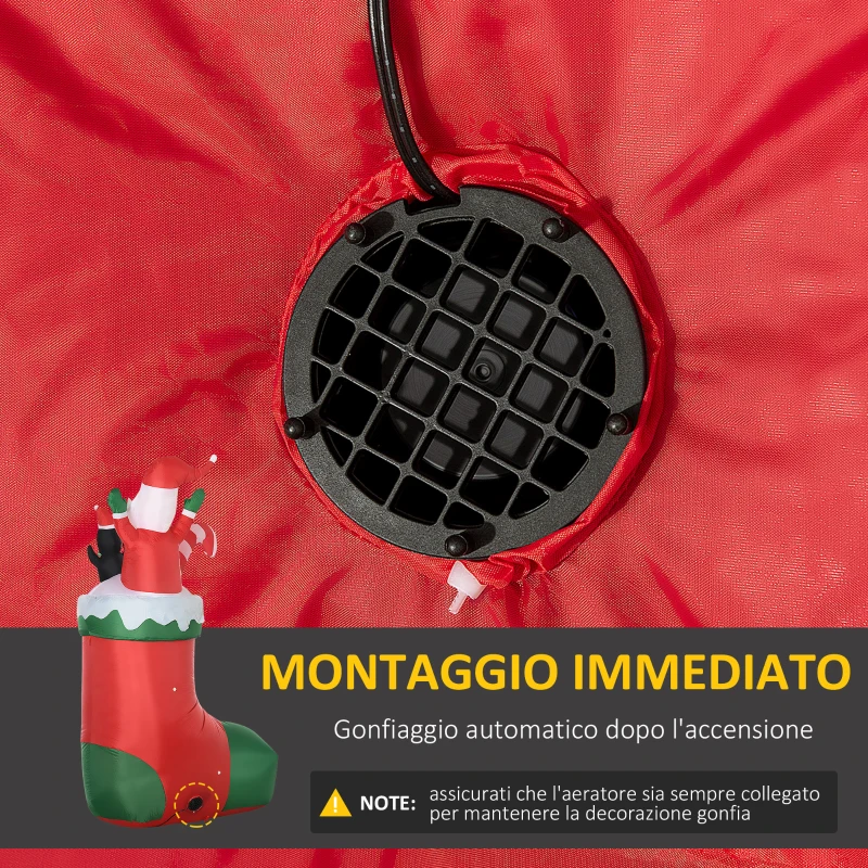 Outsunny Babbo Natale Gonfiabile con Pinguino e Calza Natalizia, Luci LED e Gonfiatore Incluso, 90x50x149cm