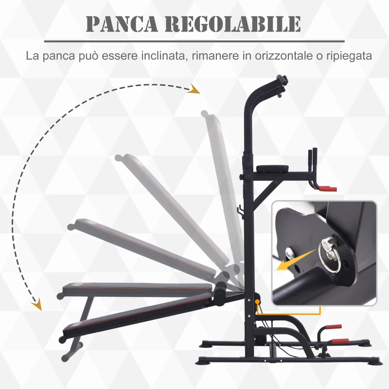 HOMCOM Palestra Multifunzione Power Tower per Allenamento a Casa con Panca e Barra di Trazione, Stazione Fitness Pieghevole, 98x 220x181-229cm