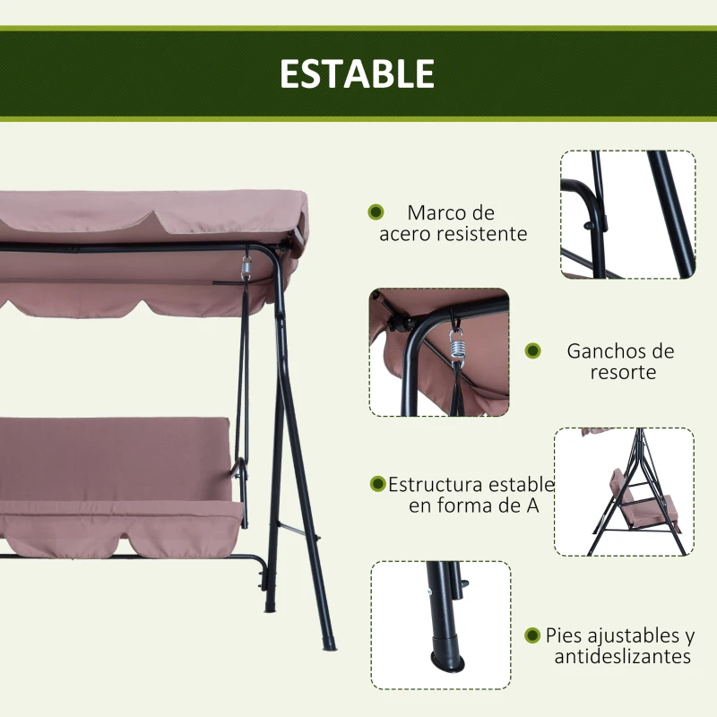 Outsunny Columpio de Jardín de 3 Plazas con Parasol Techo Ajustable en Ángulo Carga Máx. 200 kg Acero 172x110x153 cm Marrón