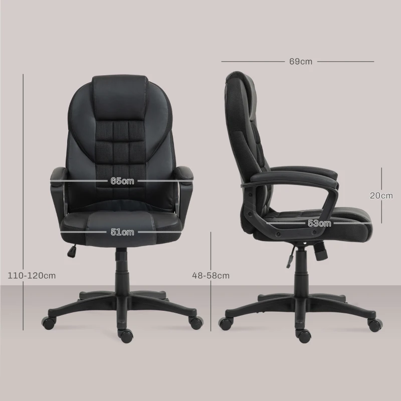 HOMCOM Chaise de bureau, fauteuil de bureau, avec fonction basculante et assise pivotante à 360°, 65l x 69P x 110-120H cm, noir
